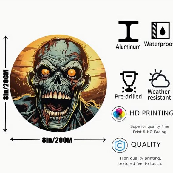 1pc 8x8 Inch Aluminum Sign, Zombie Face - Picture 2 of 3